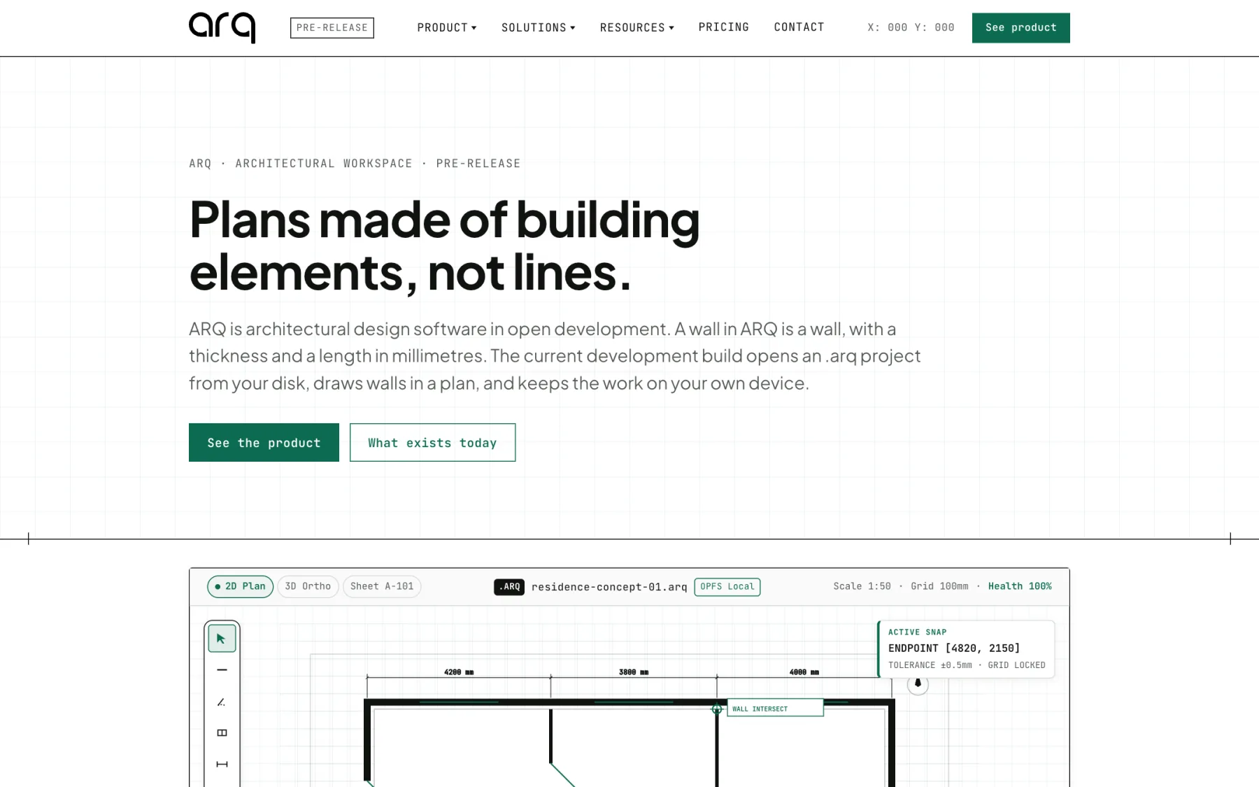 ARQ marketing site: “Plans made of building elements, not lines.” above a preview of the plan editor.