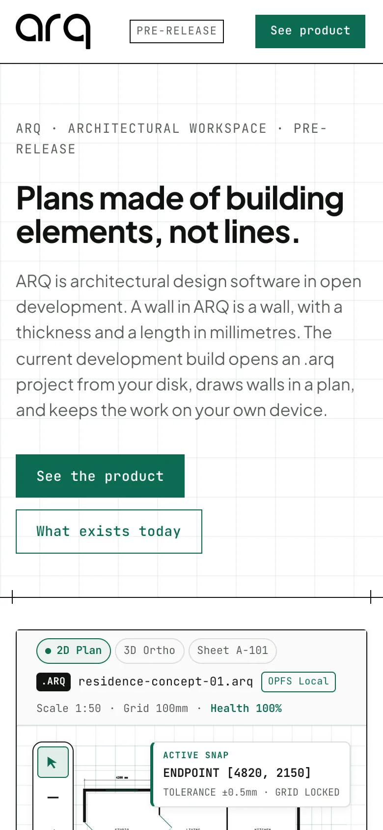 ARQ marketing site on a phone.