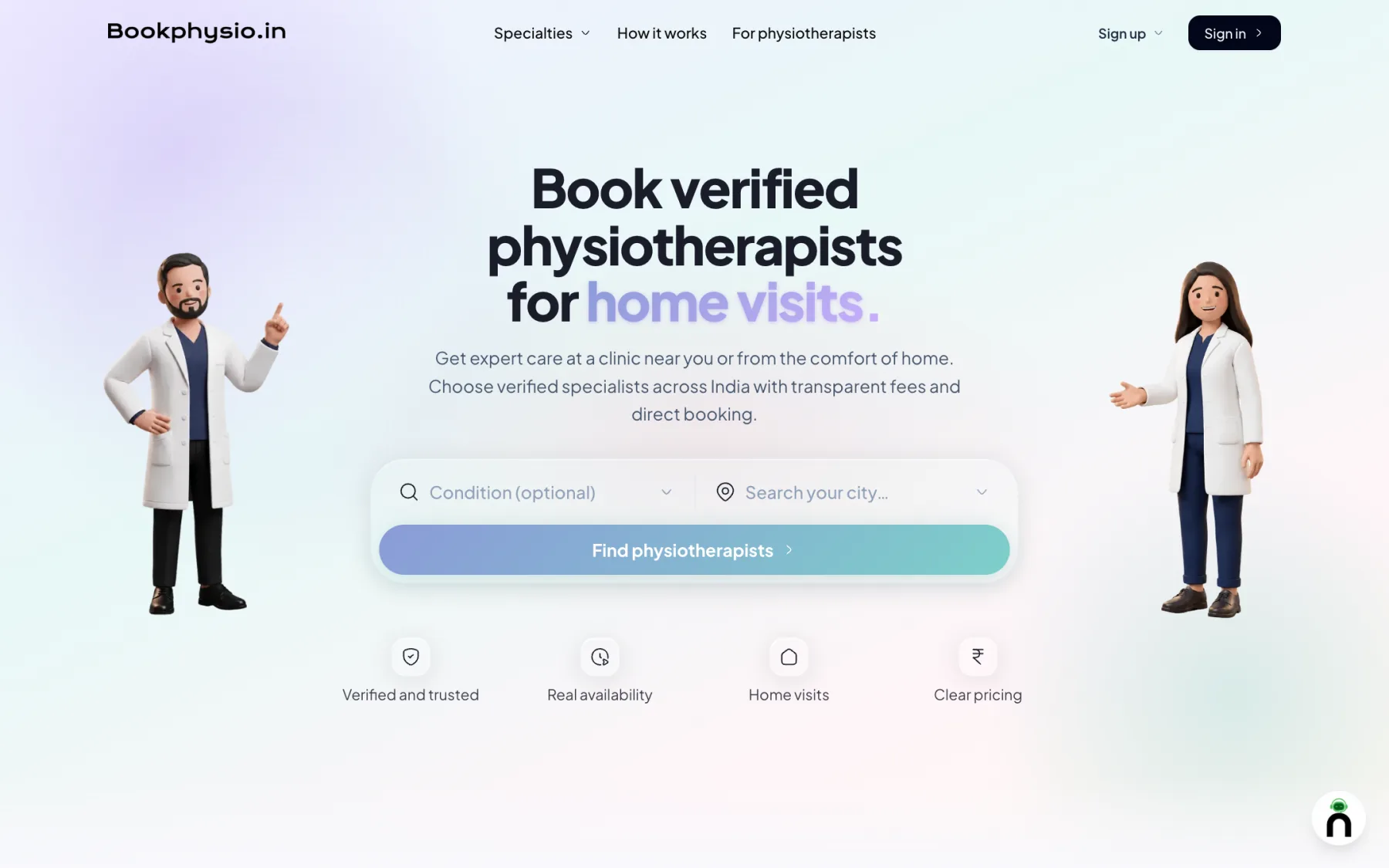 BookPhysio home page: “Book verified physiotherapists for home visits”, with two illustrated physiotherapists and a search bar.