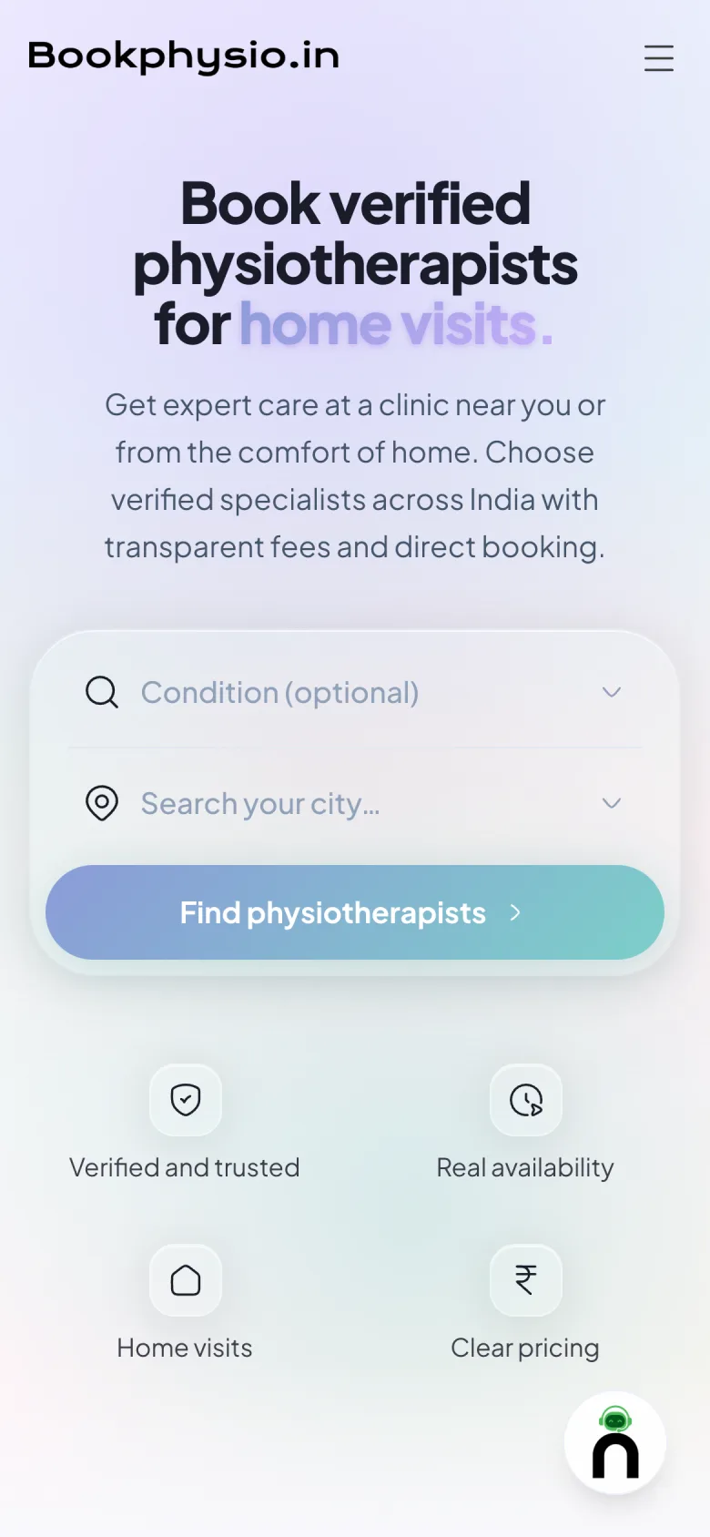 BookPhysio home page on a phone.